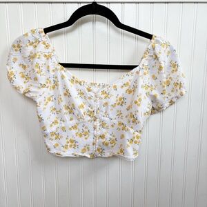 Hollister White & Yellow Floral Cropped Puff Sleeve Peasant Top Size XS